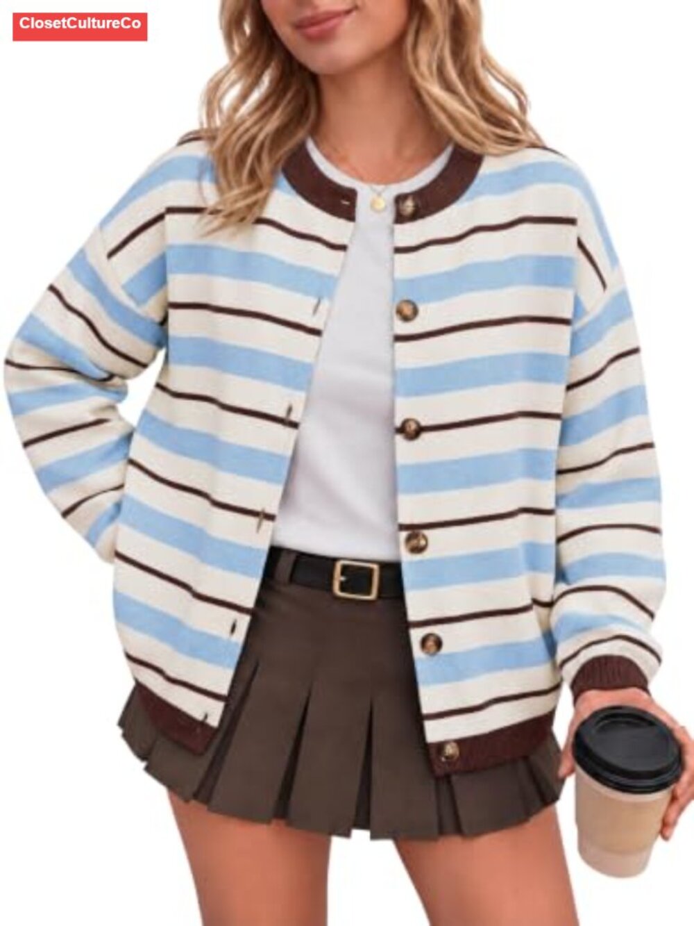 Viscose Blend Cardigan Crew Neck Striped Knit Button Front Sweater
